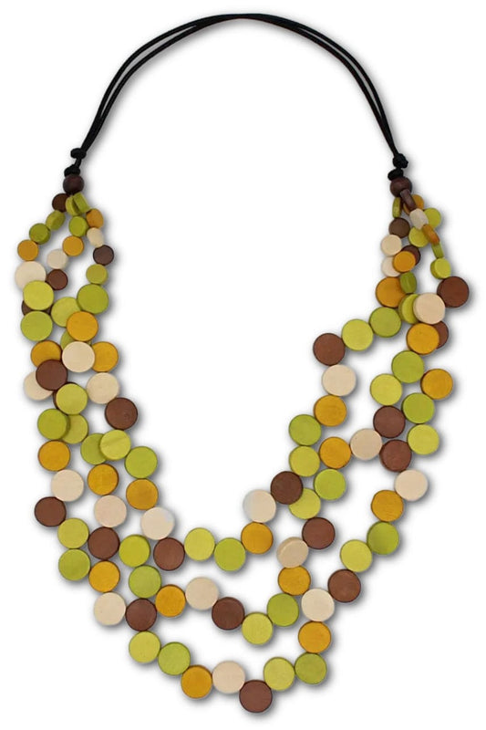 Small wooden beads colored brown, mustard, creme and pea green.