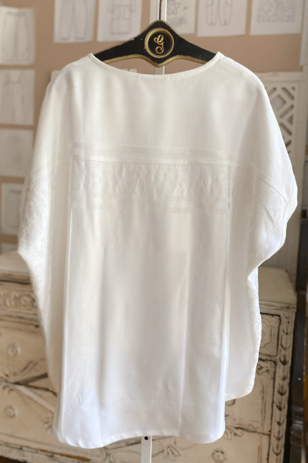 Back view of Damask Linen white women's short sleeve top.