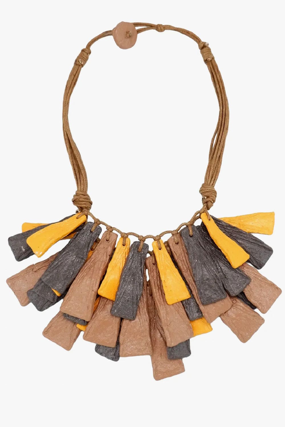 Three Layer Tab Necklace with yellow, brown and black colors.