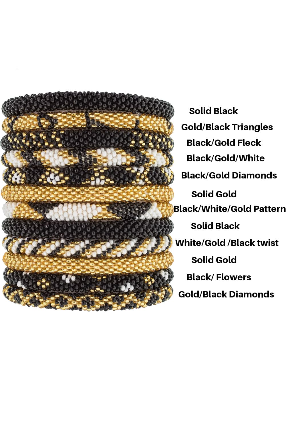 Stack of Gold, Black and White seed bead rollon bracelets.