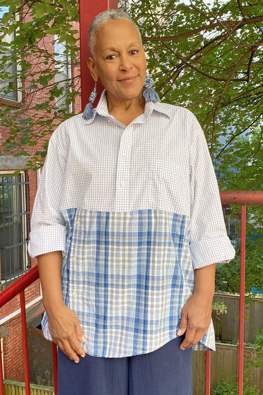 Womens button down split in two patterns.