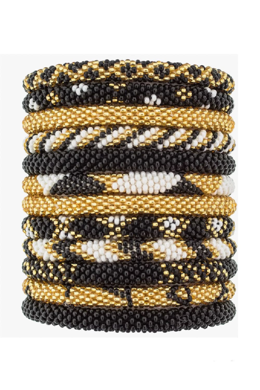 Stack of seed bead bracelets in different patterns.
