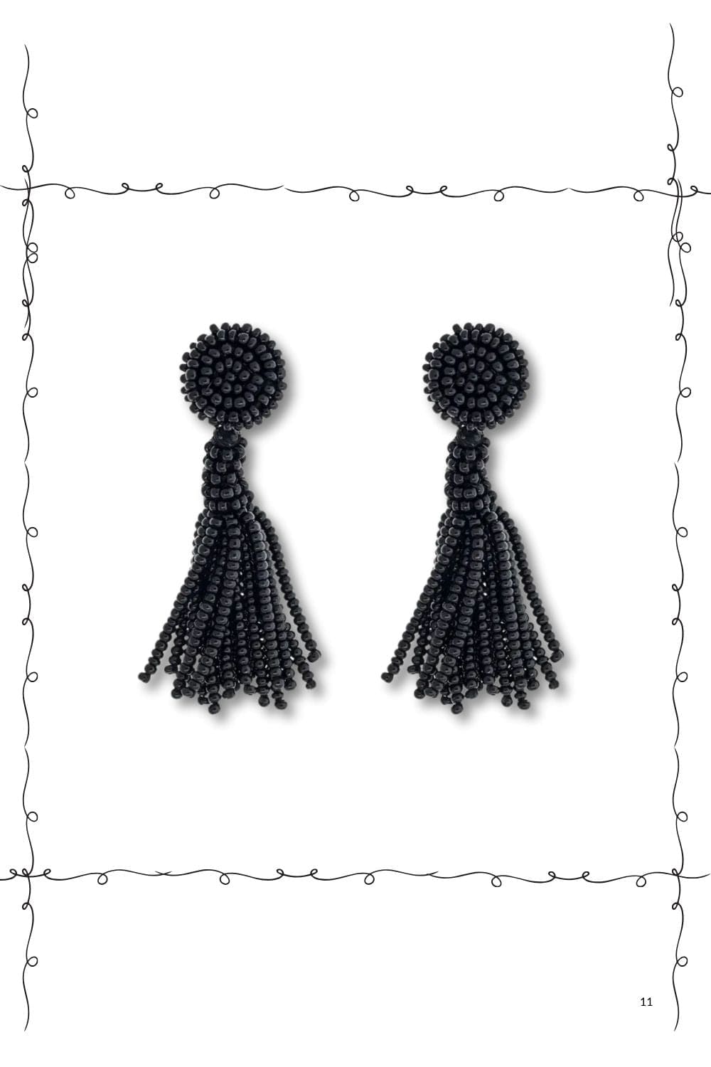 Seed bead black tassel earrings.