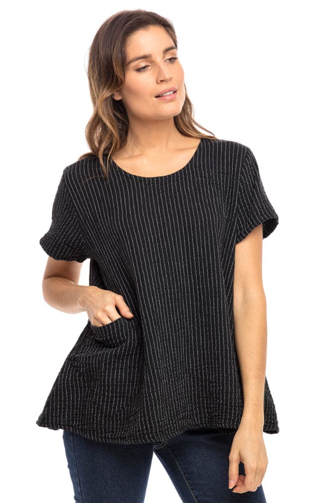 Women's black striped cotton aline tee with one pocket and short sleeves.