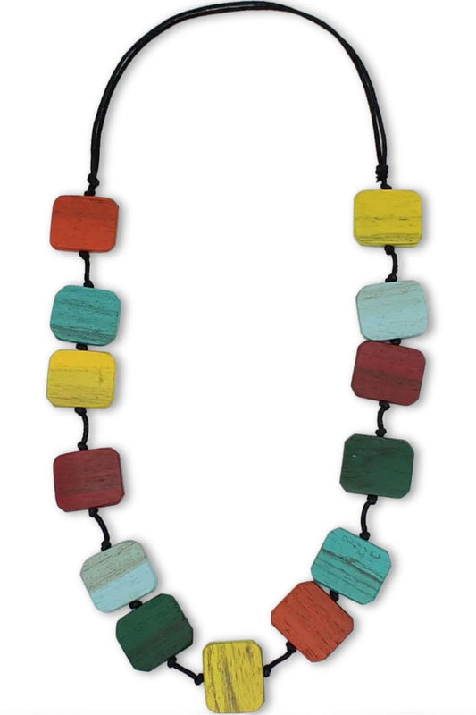 Multi color wooden necklace on adjustable black cord.