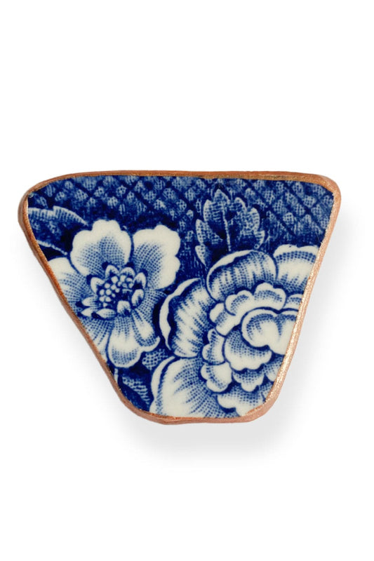 Blue floral recycled china plate brooch.