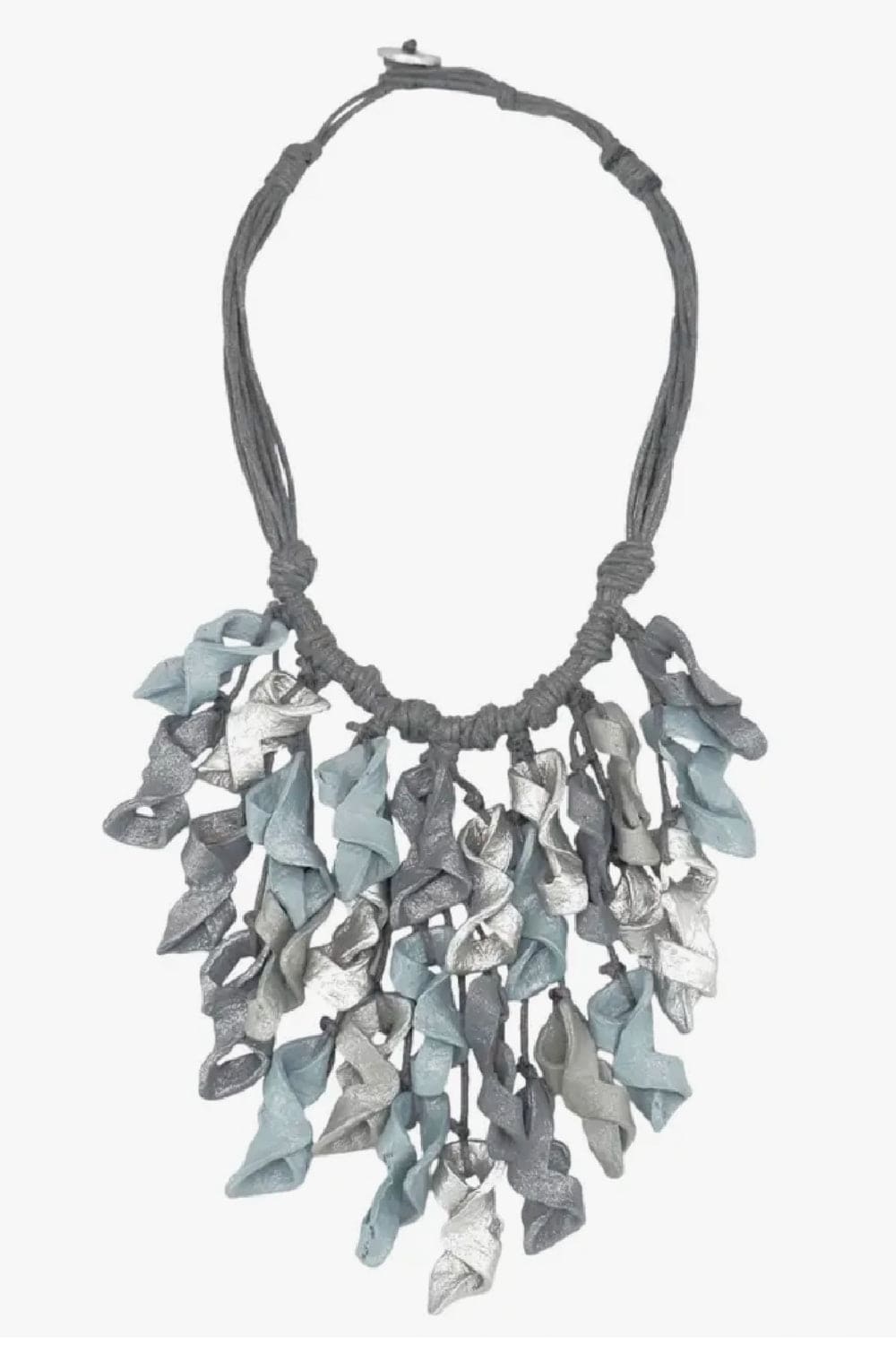 Greys and blue twisted paper mache beaded necklace.