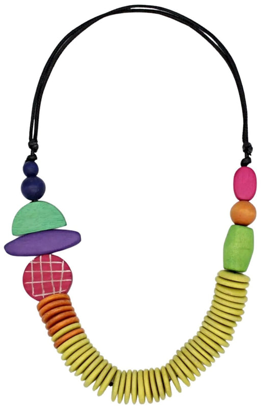 Chunky wooden colorful shapes necklace with adjustable black cord.