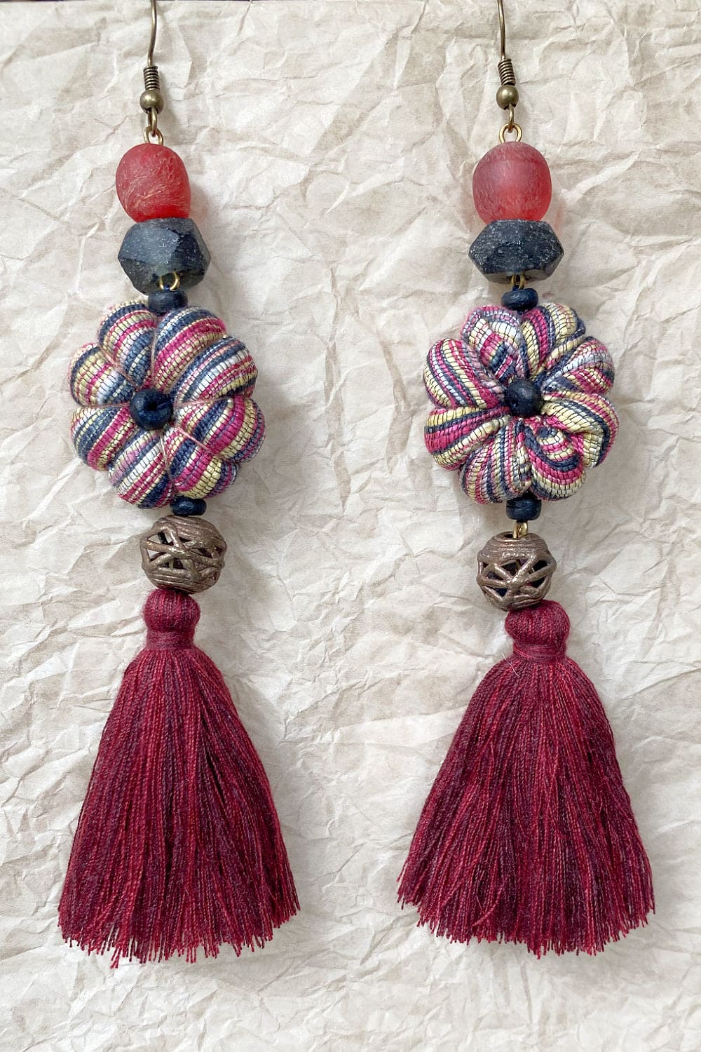 Handcrafted tassel earrings brick strip.