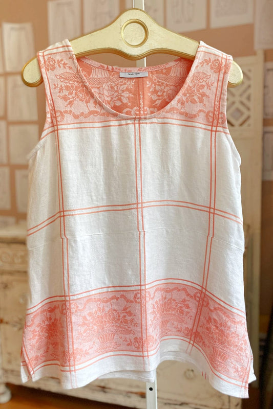 Upcycled vintage tablecloth tank with line and floral design.