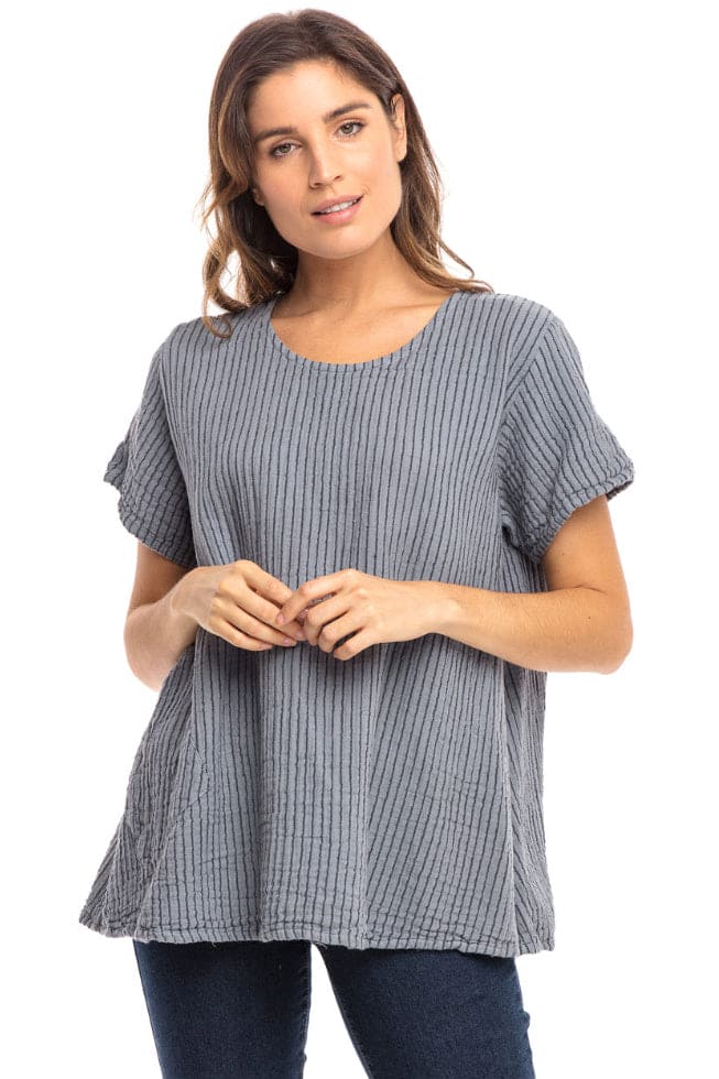 Women's striped grey cotton aline cut short sleeve top with front pocket.