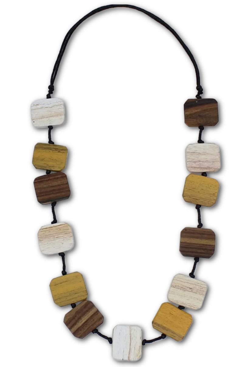 Earth tone wooden necklace on adjustable black cord.