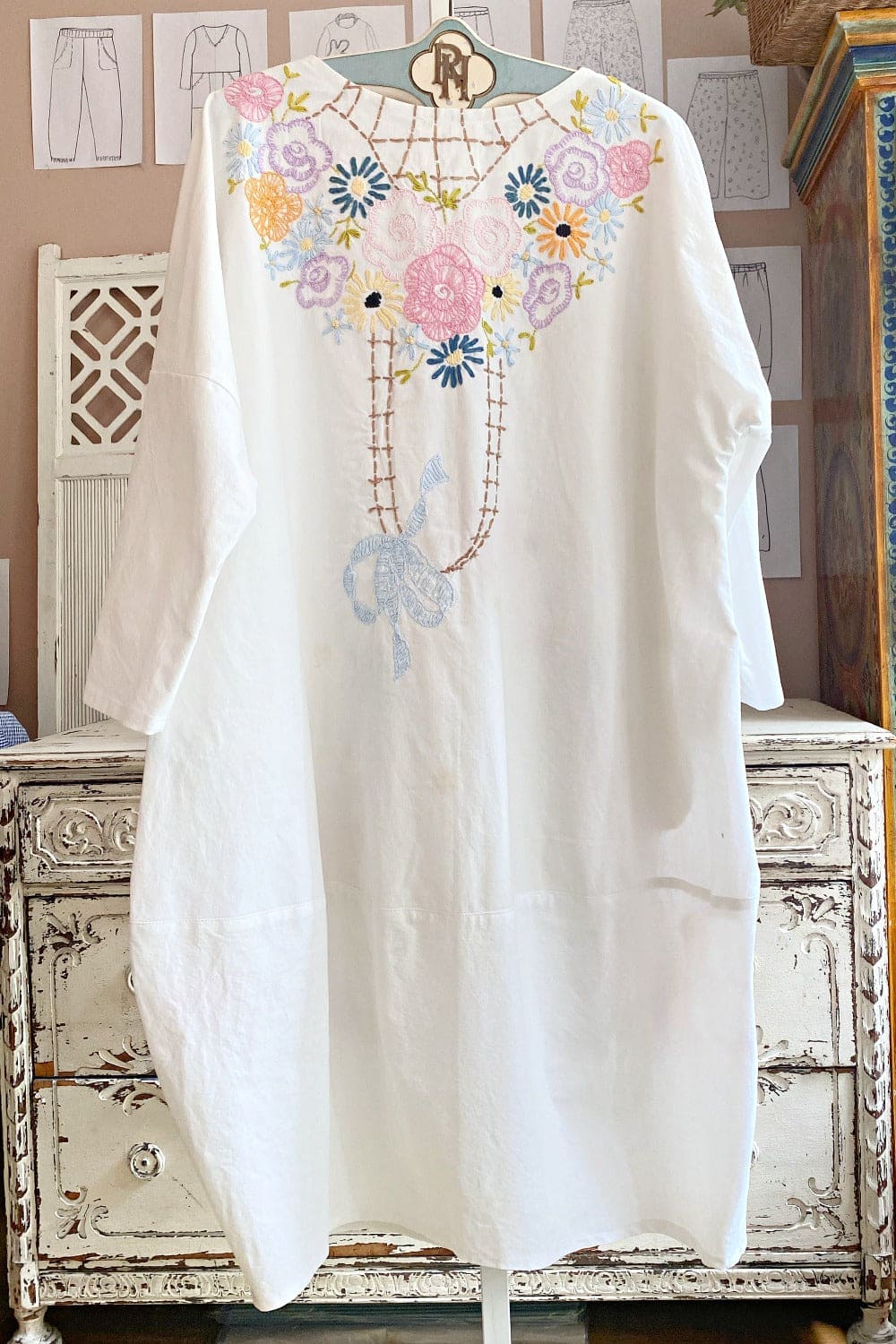 Back view of Floral Embroidered vintage table cloth dress