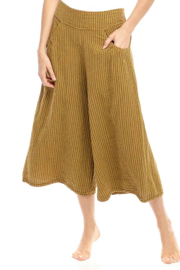 Mineral yellow cotton crop pants with a black pin strip and two front pockets.