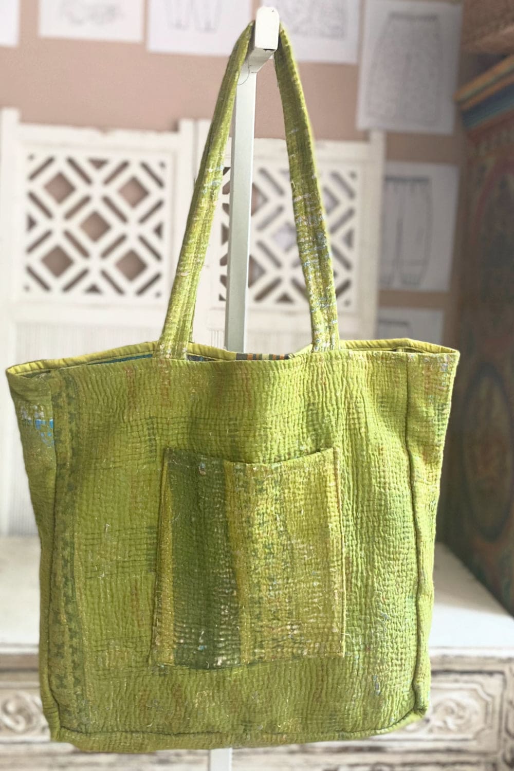 Grass green vintage kantha tote bag.