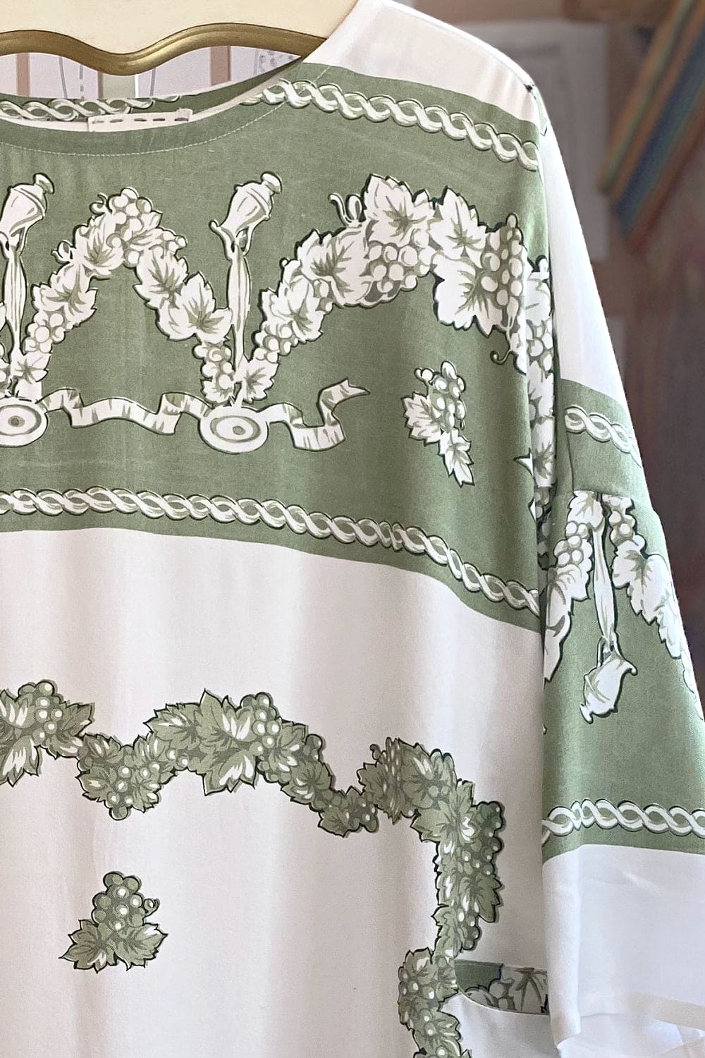 Close up of Green Vintage Print Bubble Dress.