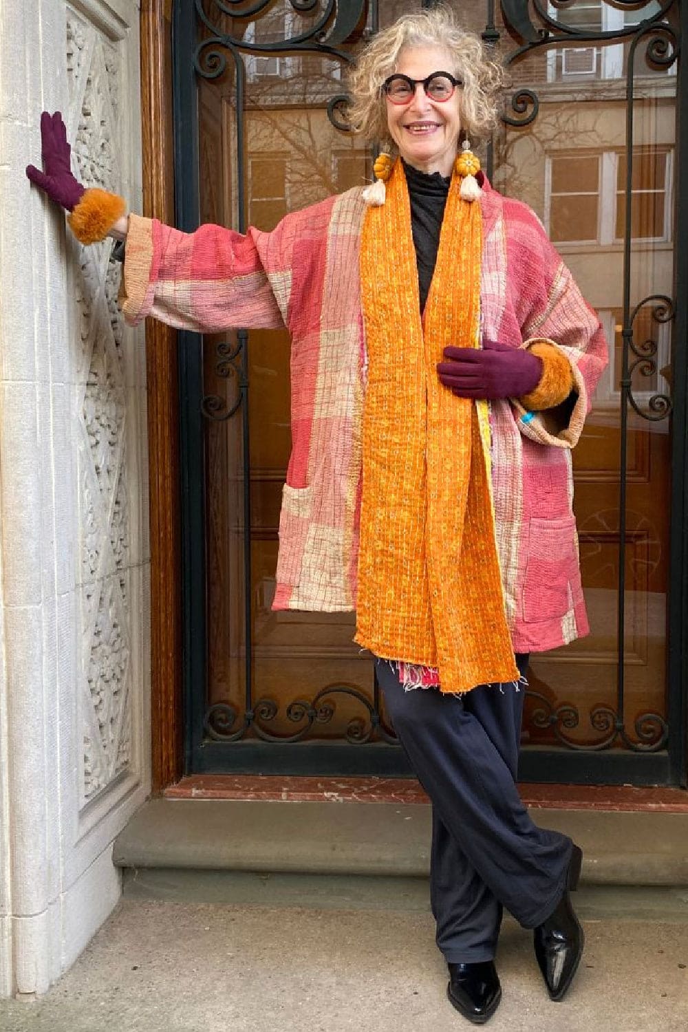 Kantha jacket with scarf, gloves and textile earrings.