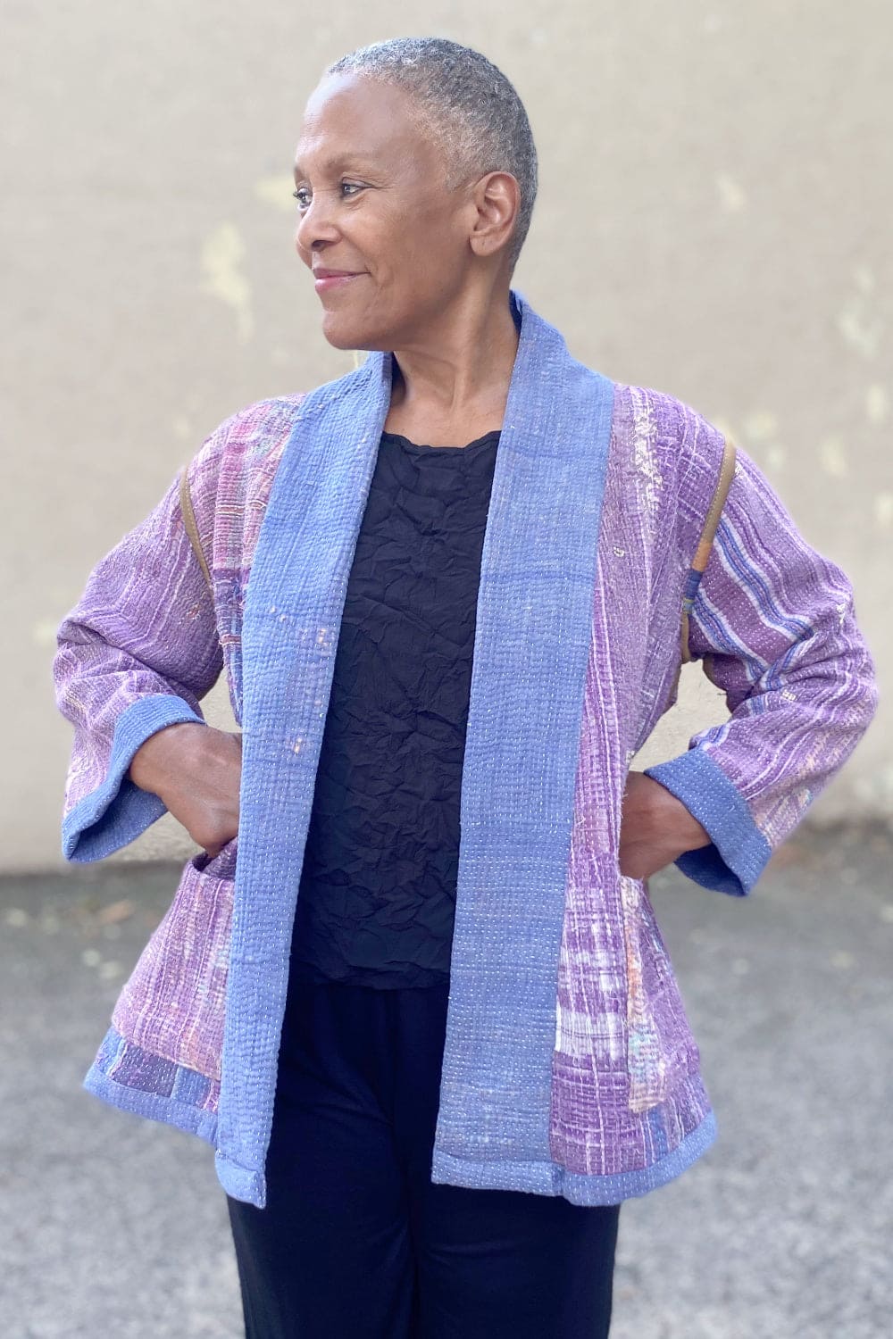 Kantha open jacket in soft purples.