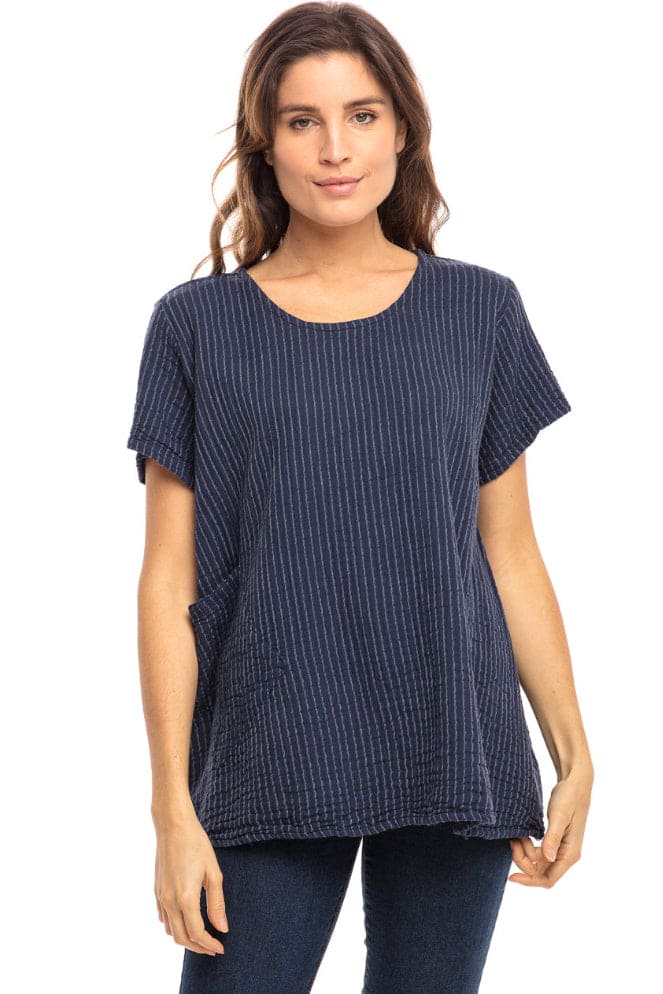 Women's navy sriped cotton short sleeve aline tee with one pocket