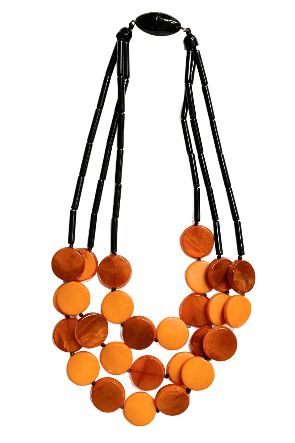 Orange resin necklace with round disc beads.