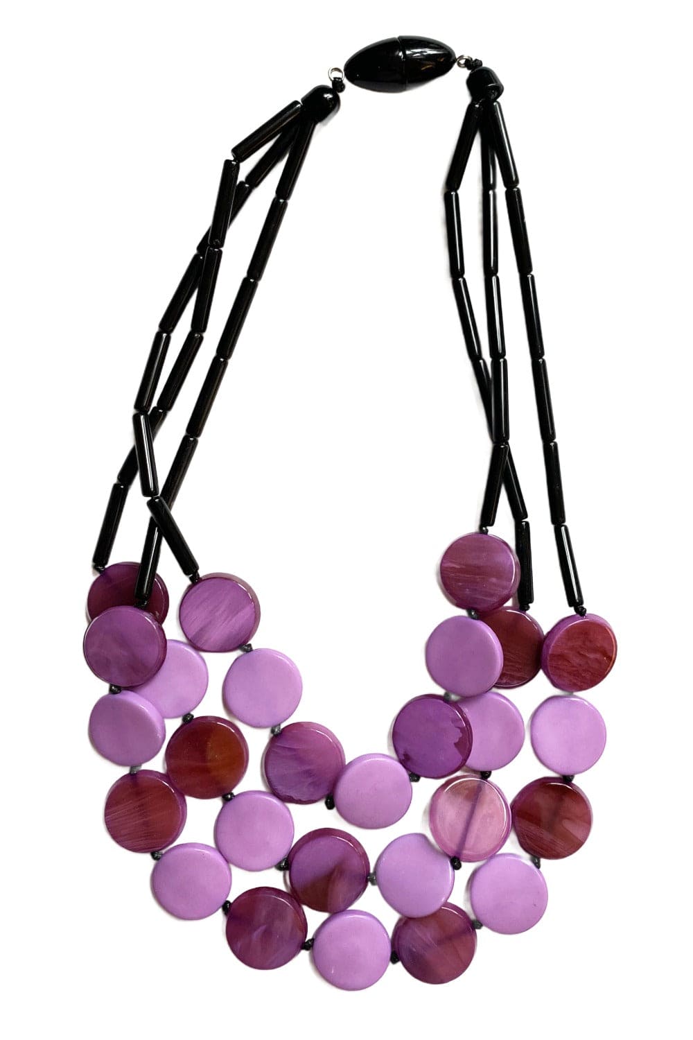 Purple tone resin disc necklace with three tiers.