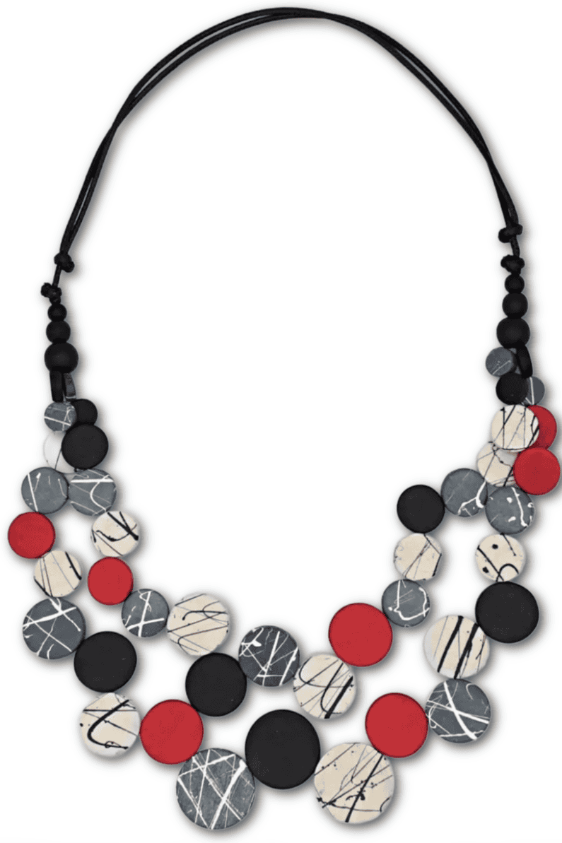 Red, black, grey and white splatter wooden necklace with an adjustable black cord.