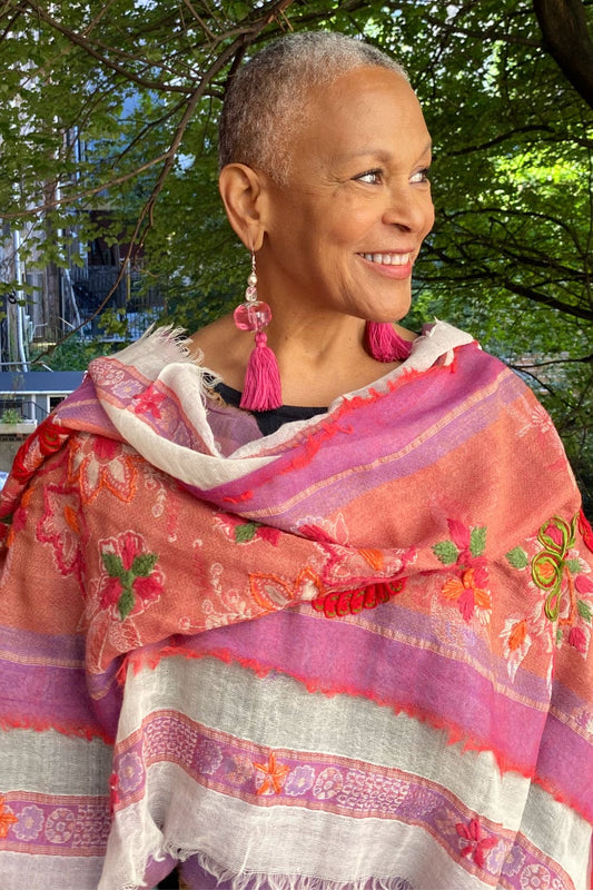 Red-Pink Paper Wool Shawl with pink tassle earrings.