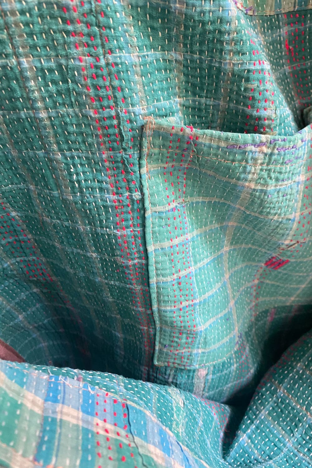 Inside of Large kantha tote bag with pocket.