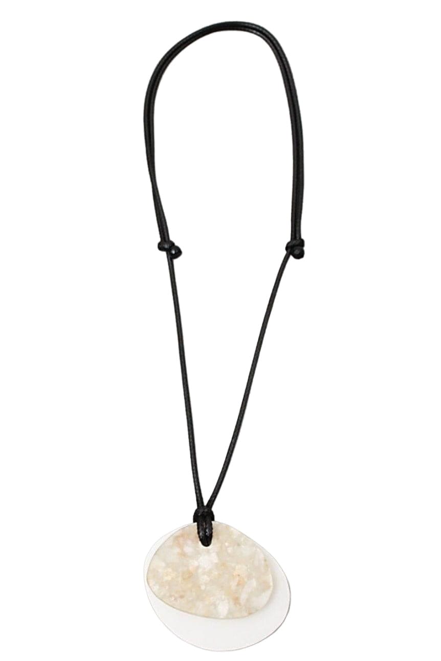 Simple pendant necklace with two layers of resin flat beads, one solid cream and one with flecks strun on an adjustable black cord.