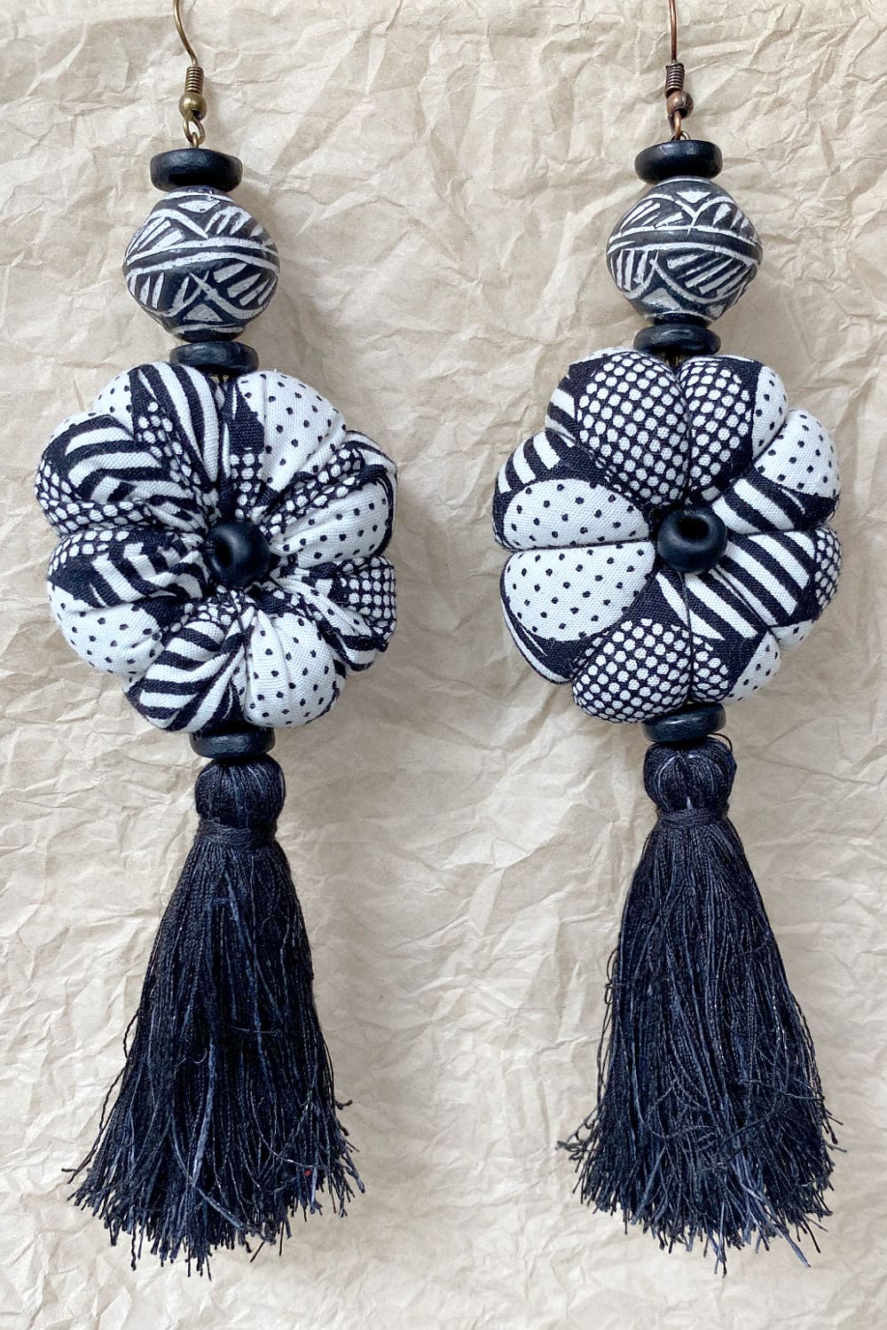 Handcrafted tassel earrings black and white print.