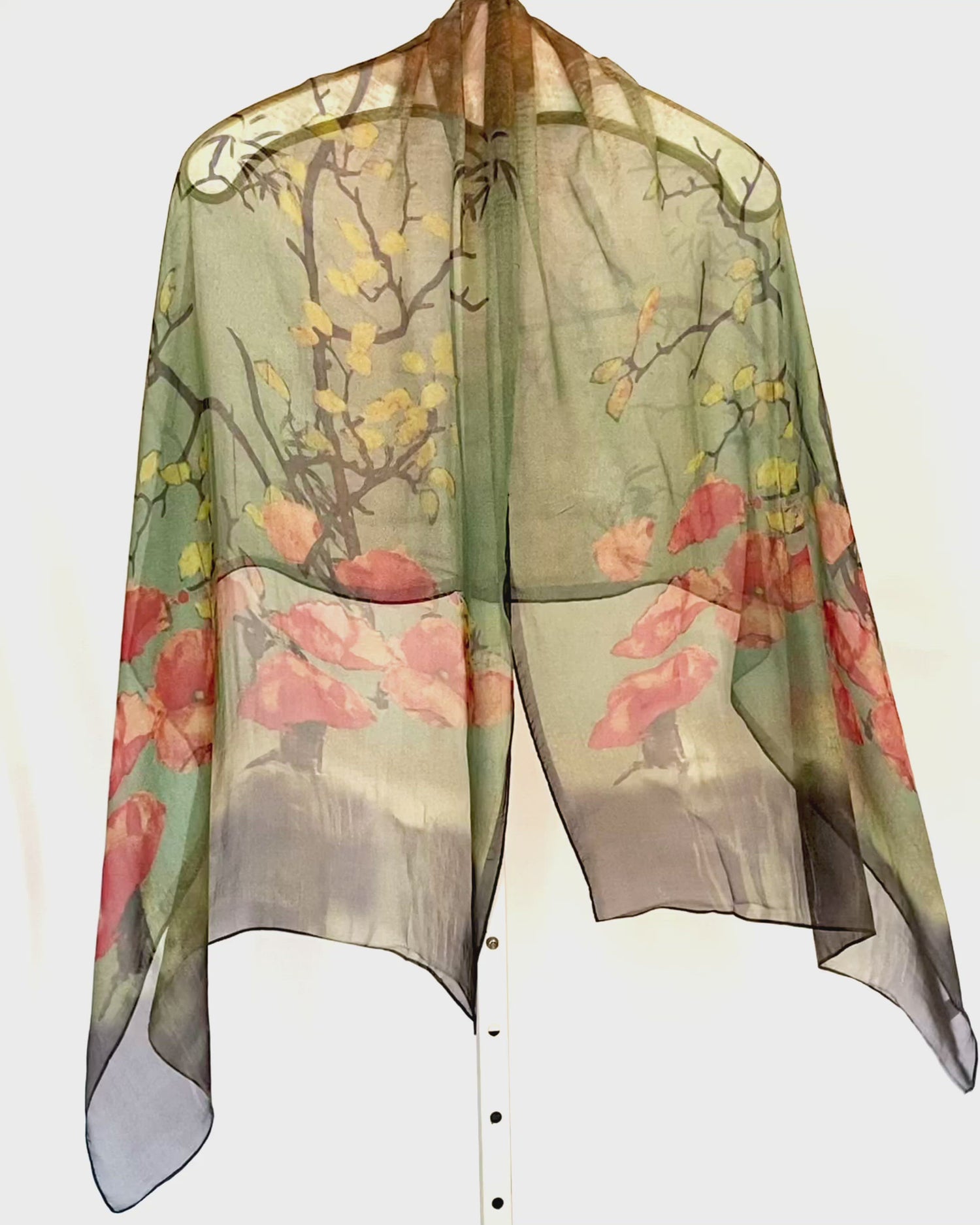 Fluttering in the breeze silk floral scarf. Red blossom design on this sheer pretty drape scarf