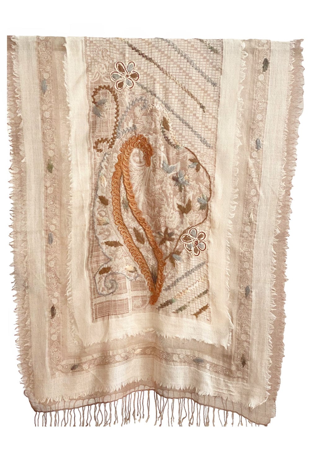 Beige and creme paper wool scarf with hand stitched design detail.