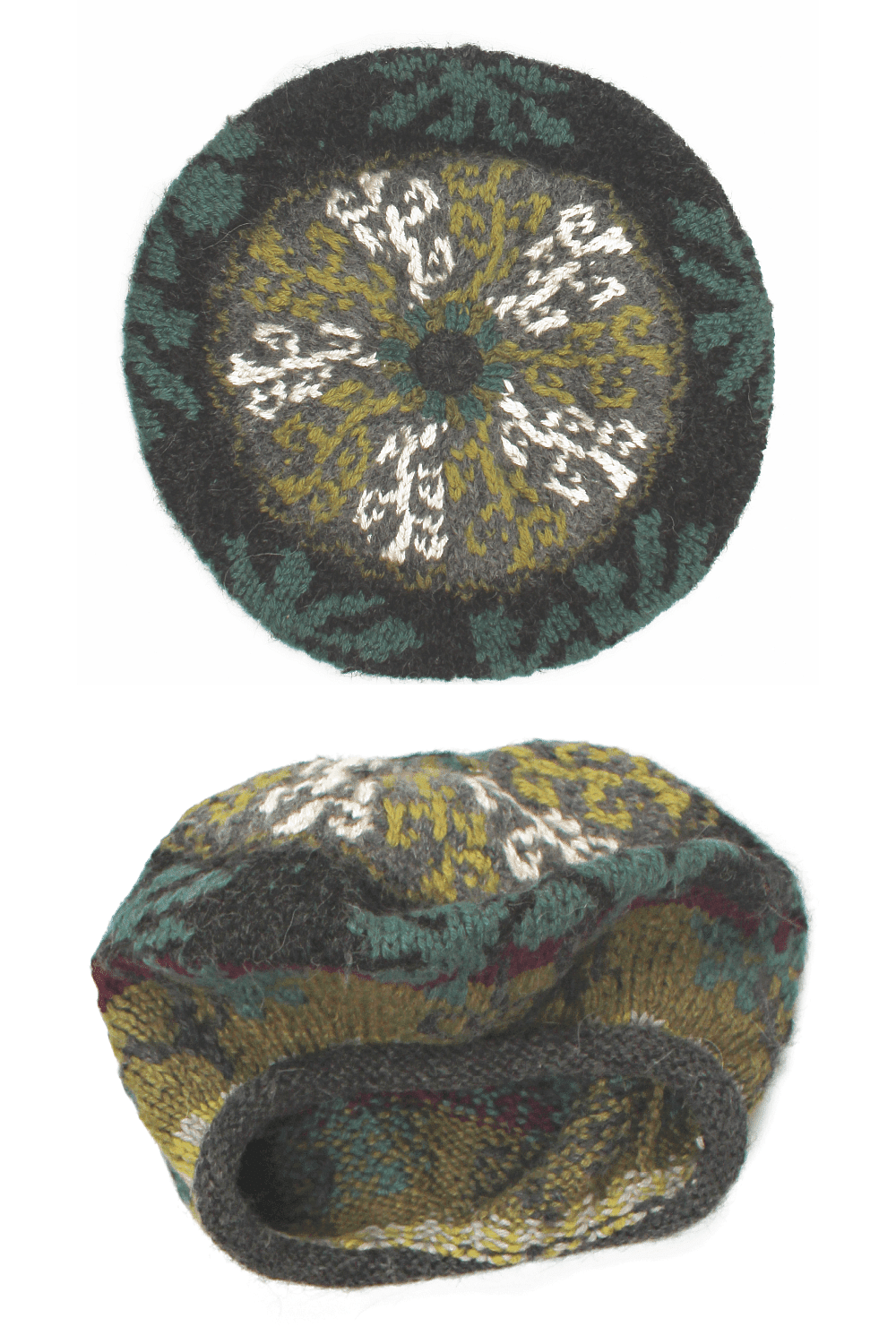 Women's handknit winter tam hat with a winter knit design.
