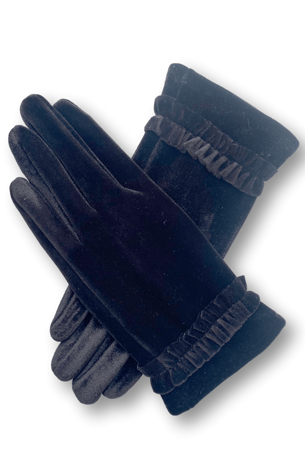Feminine velvet women's gloves with small wrist ruffle.