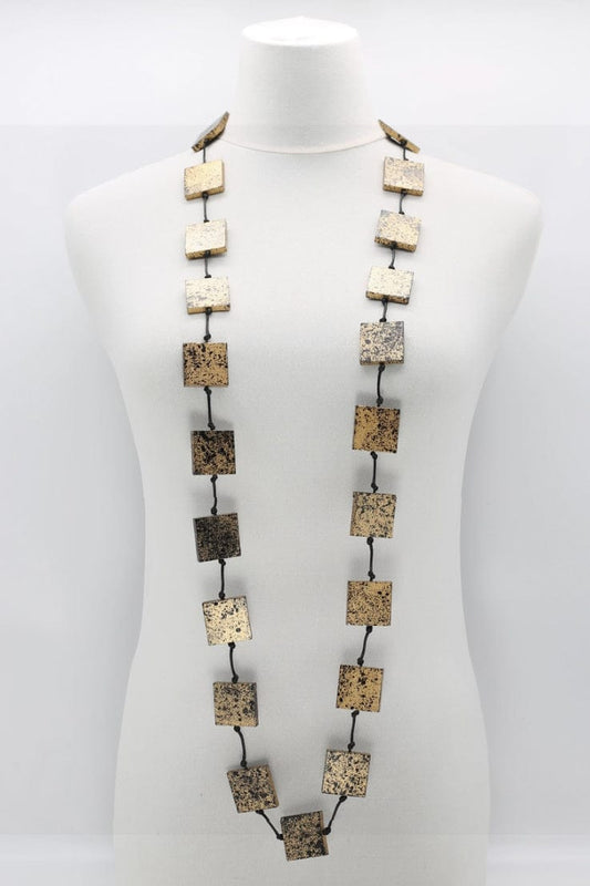 Black & Gold recycled wood necklace made of flat square wooden beads strung on black cord.