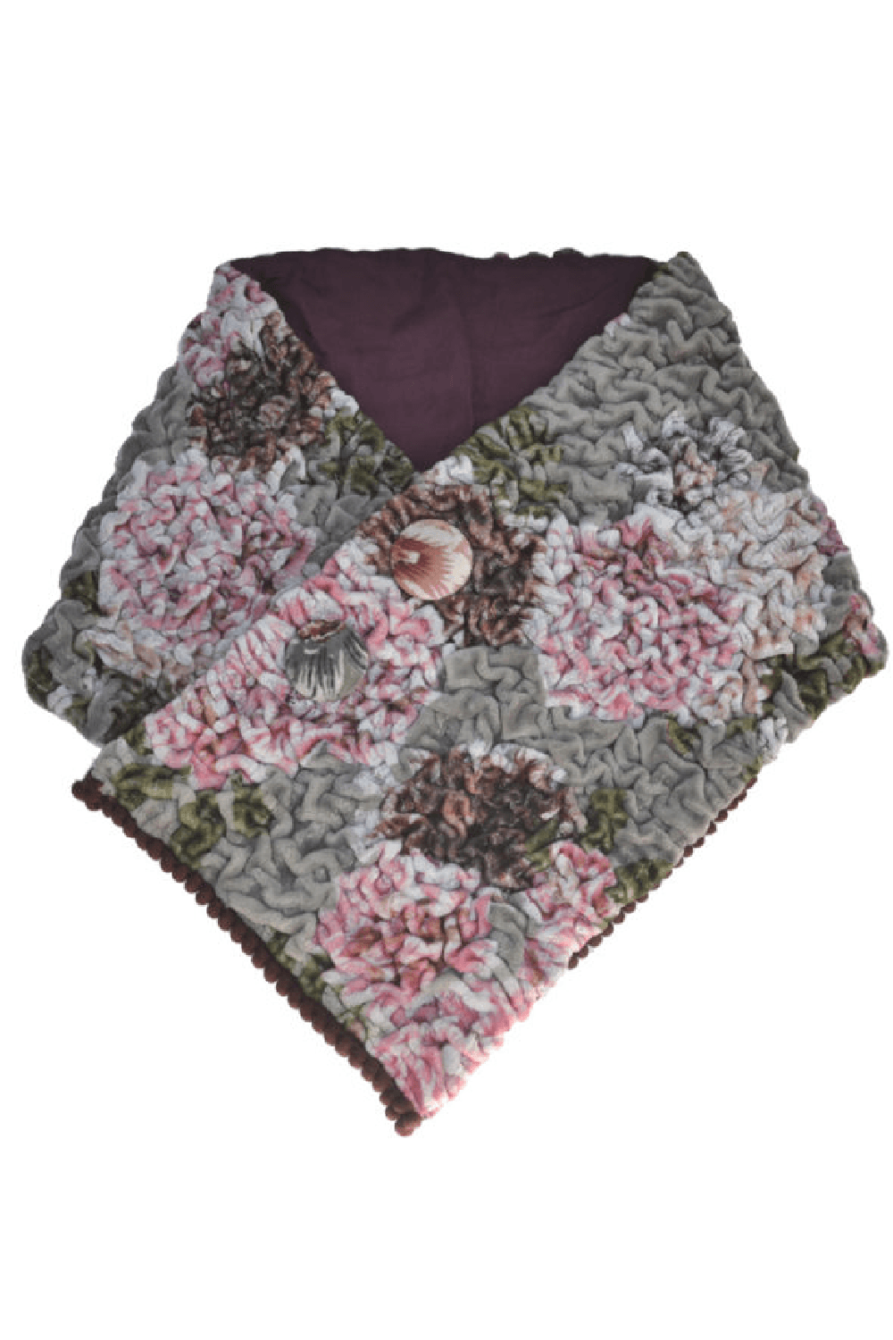 Crinkle Collar Scarf in a pretty floral pattern ecru colar. Has a single button closure on the front.