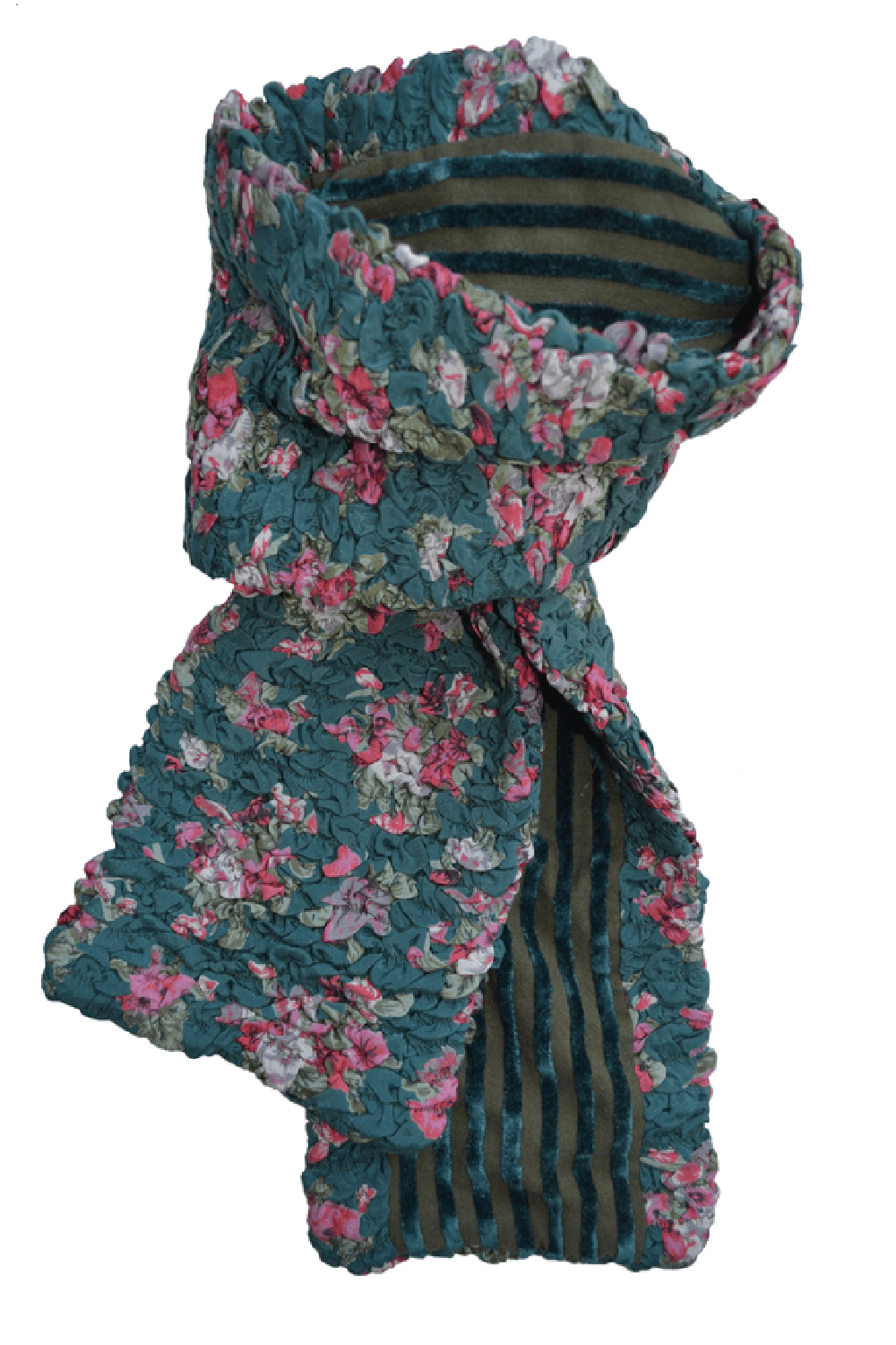 Crinkle Velvet Scarf in a teal colorway with floral pattern on one side and stripe pattern on the other.