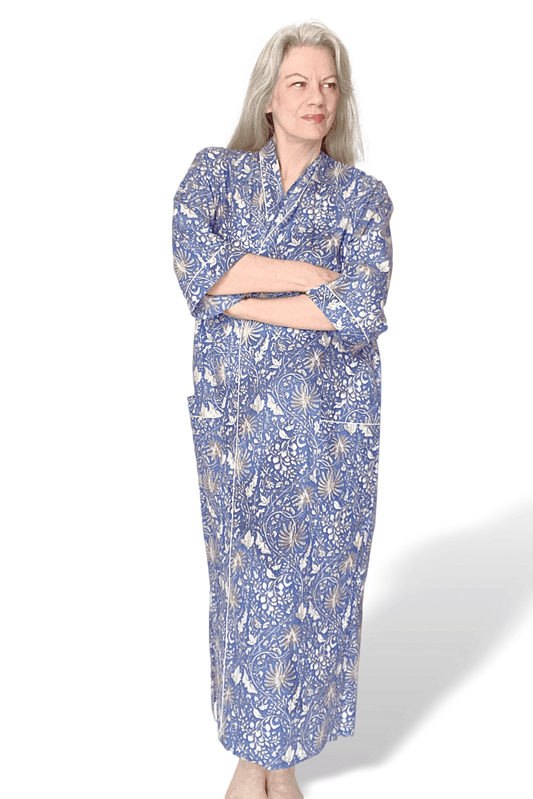 Blue Floral Cotton Full Length Robe
