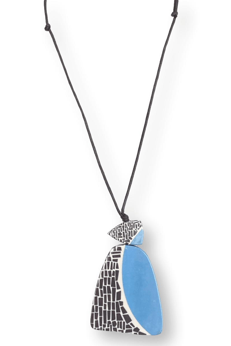 Wooden Pendant Necklace decorated with blue color and black and whited chips design. Strung on a waxed adjuustable cord. 