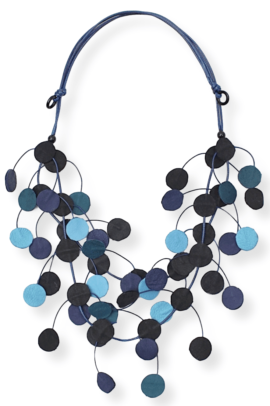 Blues and Black Leather Dots Necklace designed with small flat leather discs intertwining and strung on an adjustable black cord.