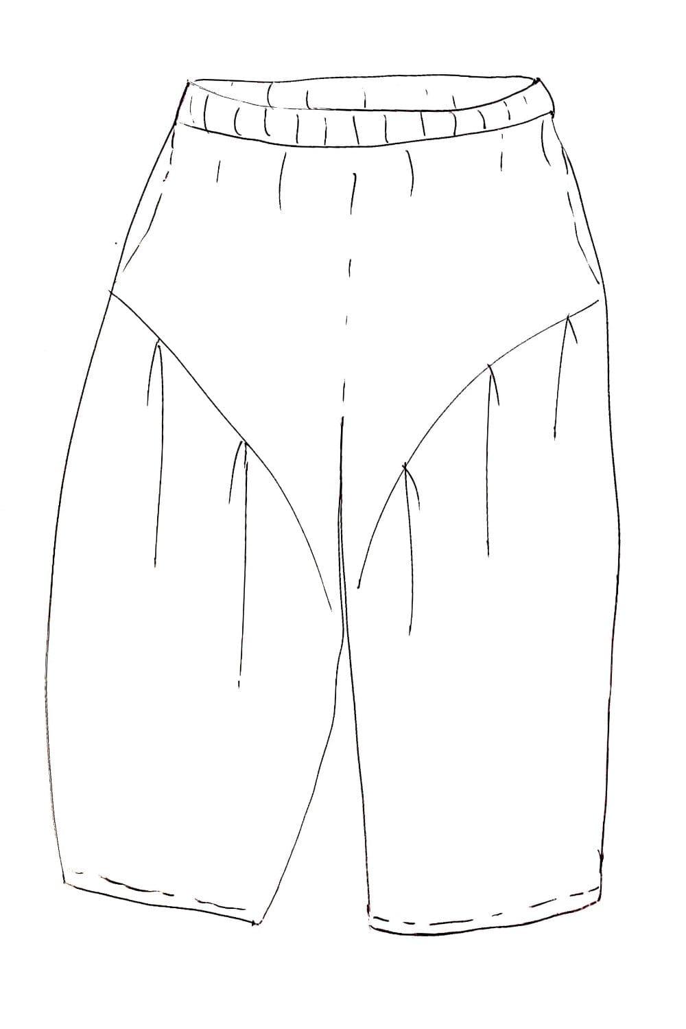 Line drawing of women's curved cropped hem pants. Curved front stitching, full elastic waist and 2 side seam pockets
