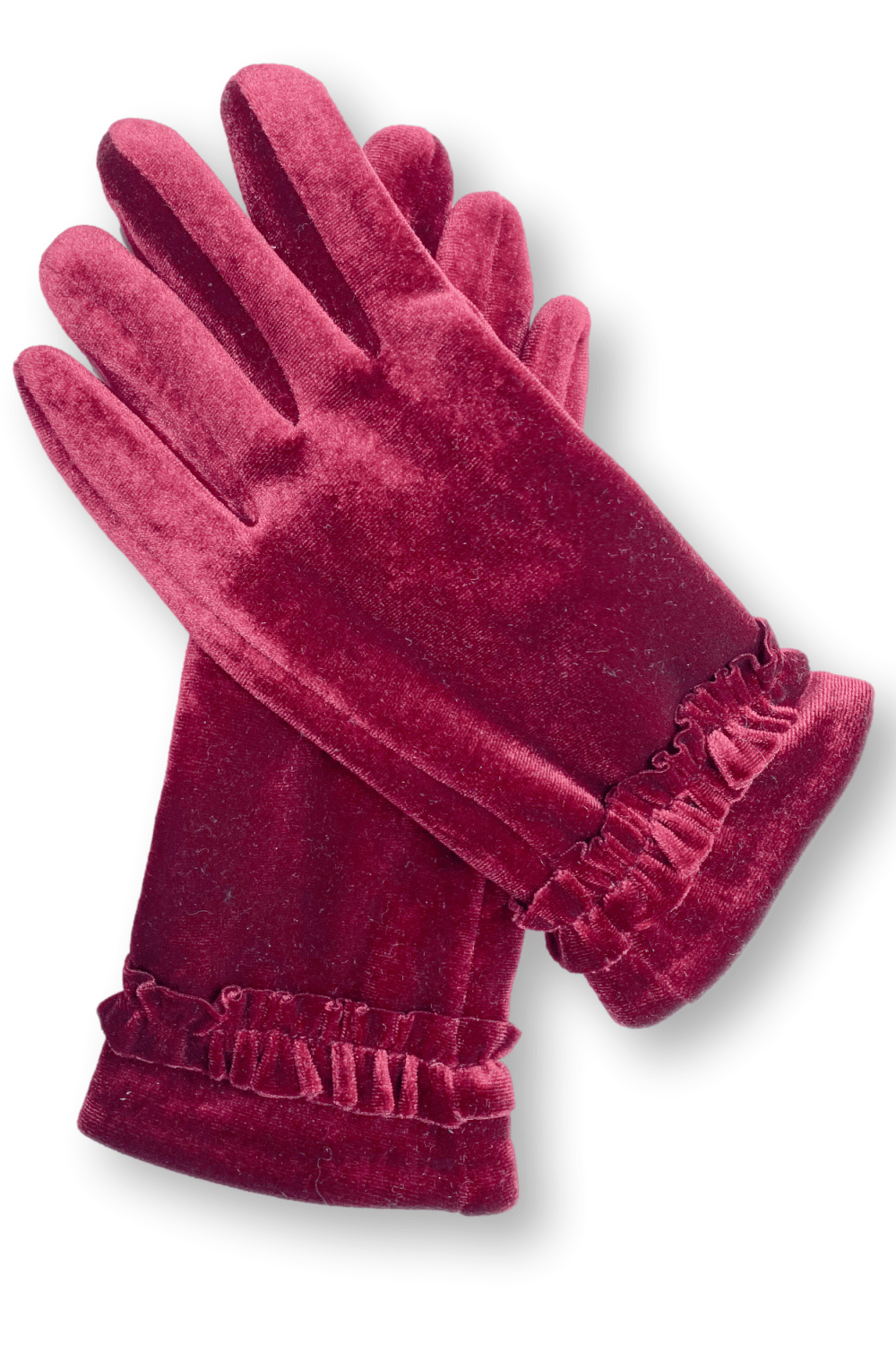 Cranberry Feminine velvet women's gloves with small wrist ruffle.
