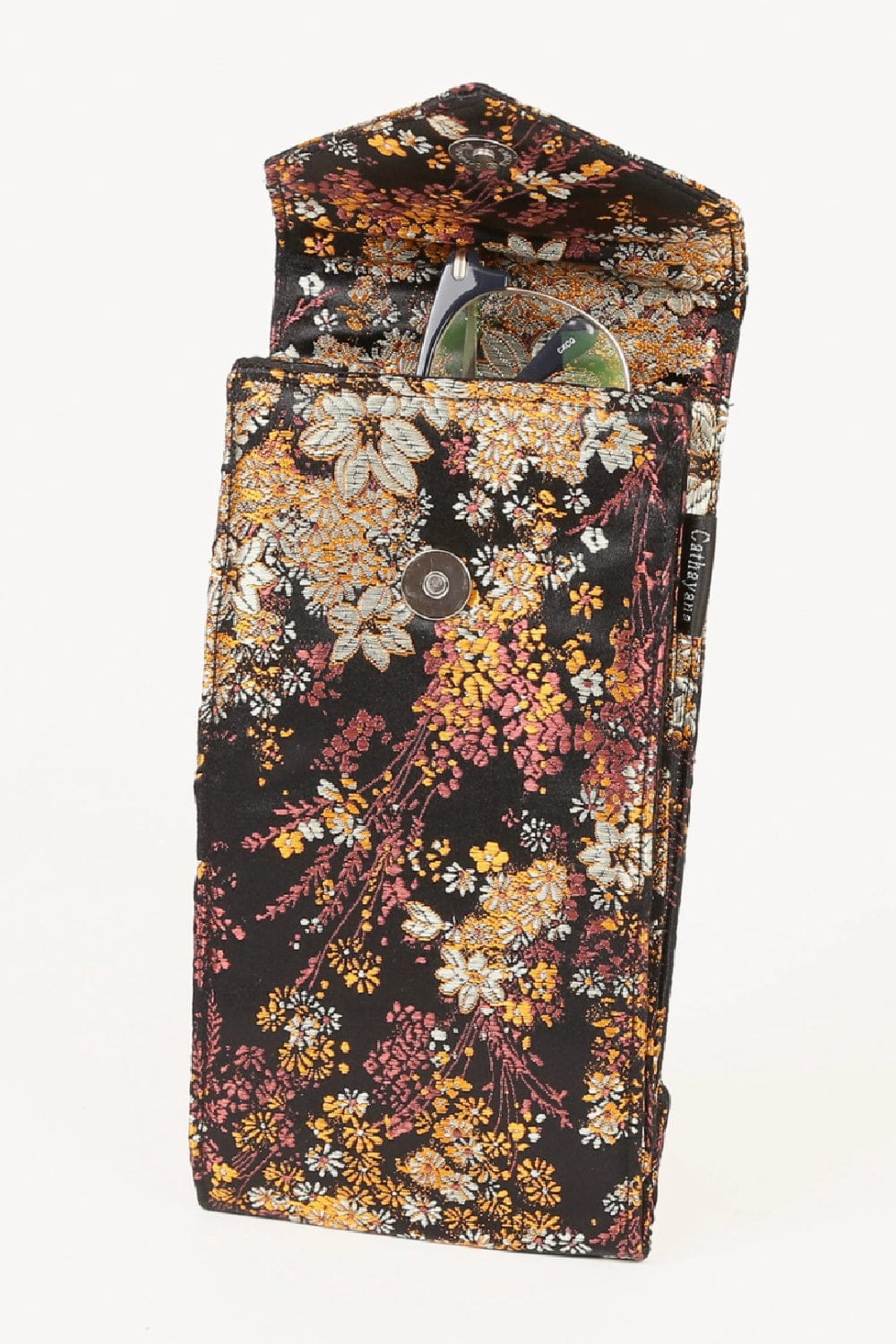 Black floral print eyeglass case with a front snap.