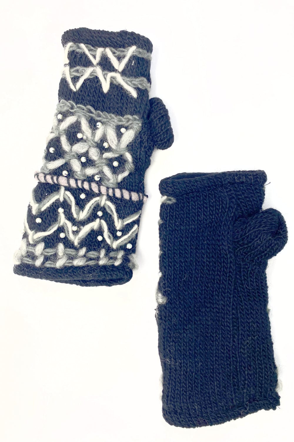 Women's wool fingerless gloves with stitching design and faux pearls.