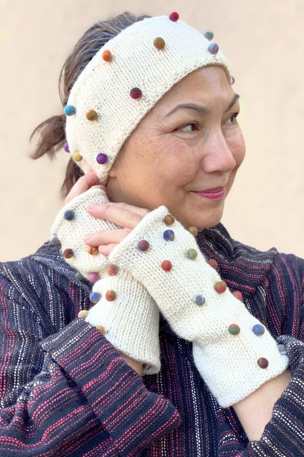 Winter white wool Headband with Felted Dots worn with matching fingerless gloves.