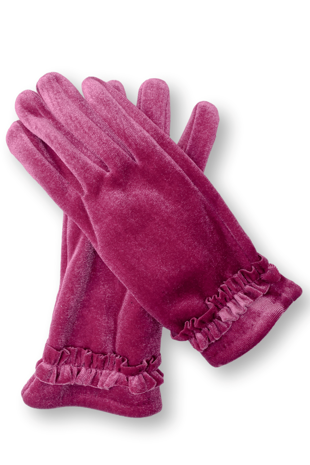 Fuchsia Feminine velvet women's gloves with small wrist ruffle.