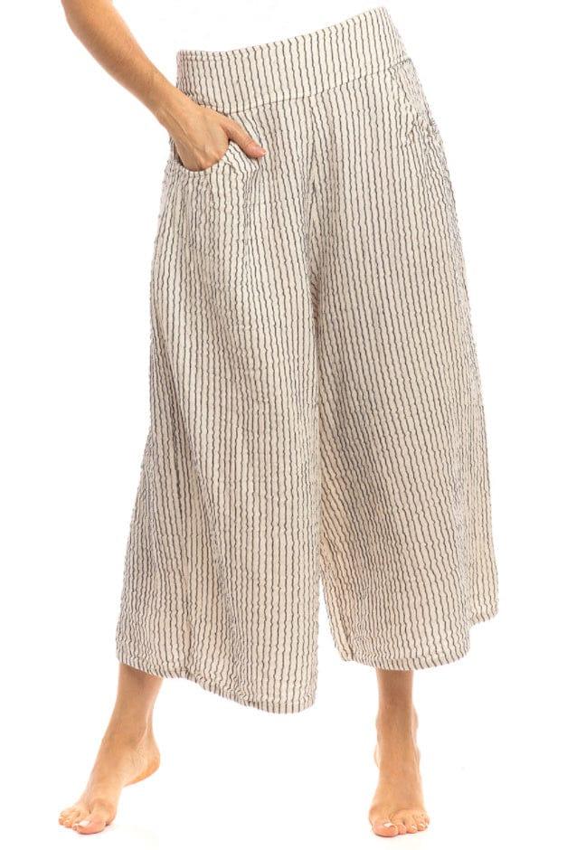 Women's Full Cut Cotton Pant Natural  with Black Pinstripe Two Pockets with Front Panel  and Elastic back waist