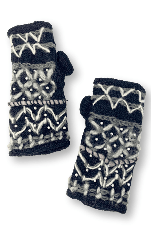 Stitch detailed fingerless gloves with tiny faux pearls.