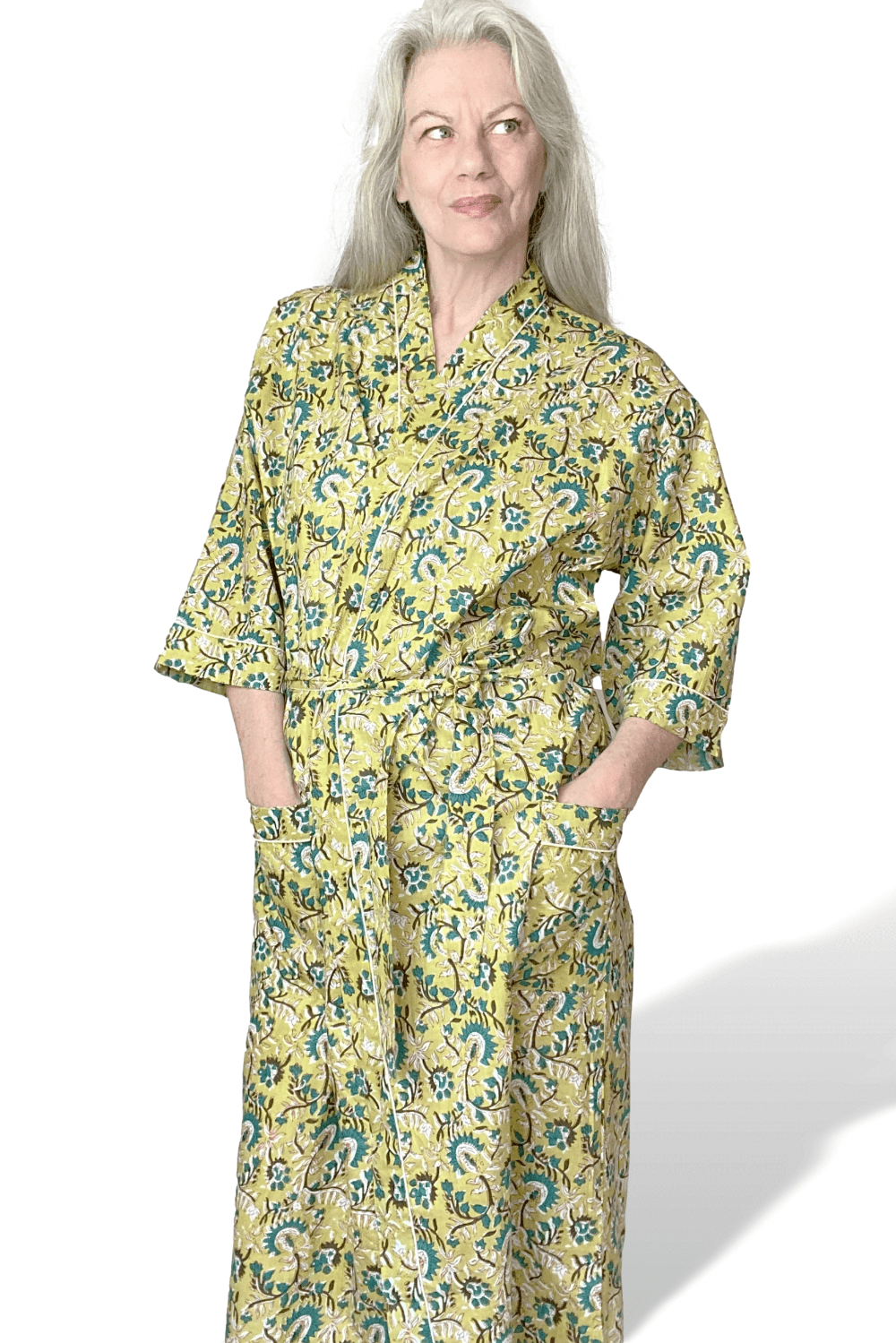 Green Floral Cotton Full Length Robe
