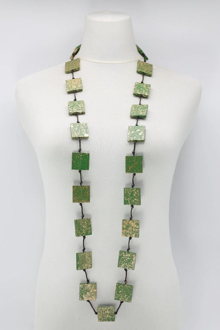 Green & Gold recycled wood necklace made of flat square wooden beads strung on black cord.